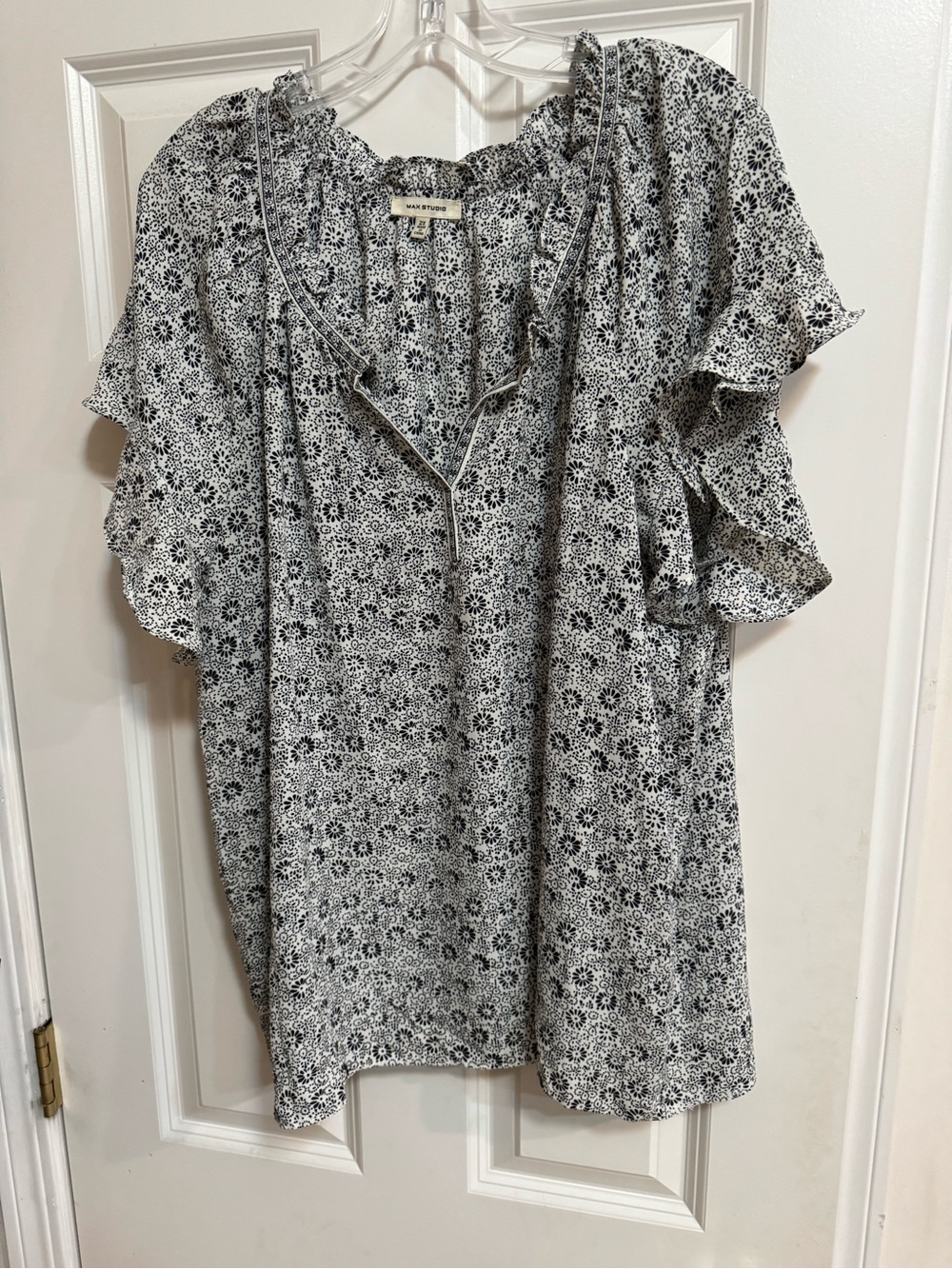 Max Studio White Top with Black Floral Print and Ruffle Sleeves